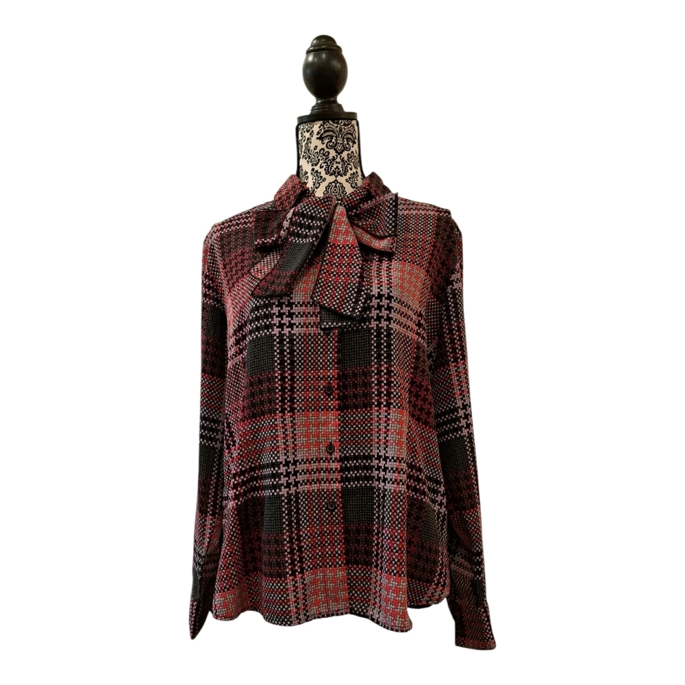 White Stag Plaid Bow-Tie shirt top button down pink and Black size 12/14